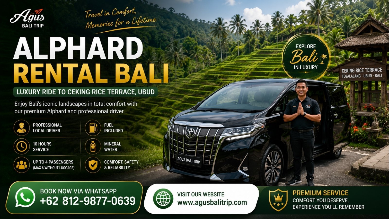 Luxury Toyota Alphard parked near Ceking Rice Terrace in Ubud, Bali with a private driver for a comfortable sightseeing experience.