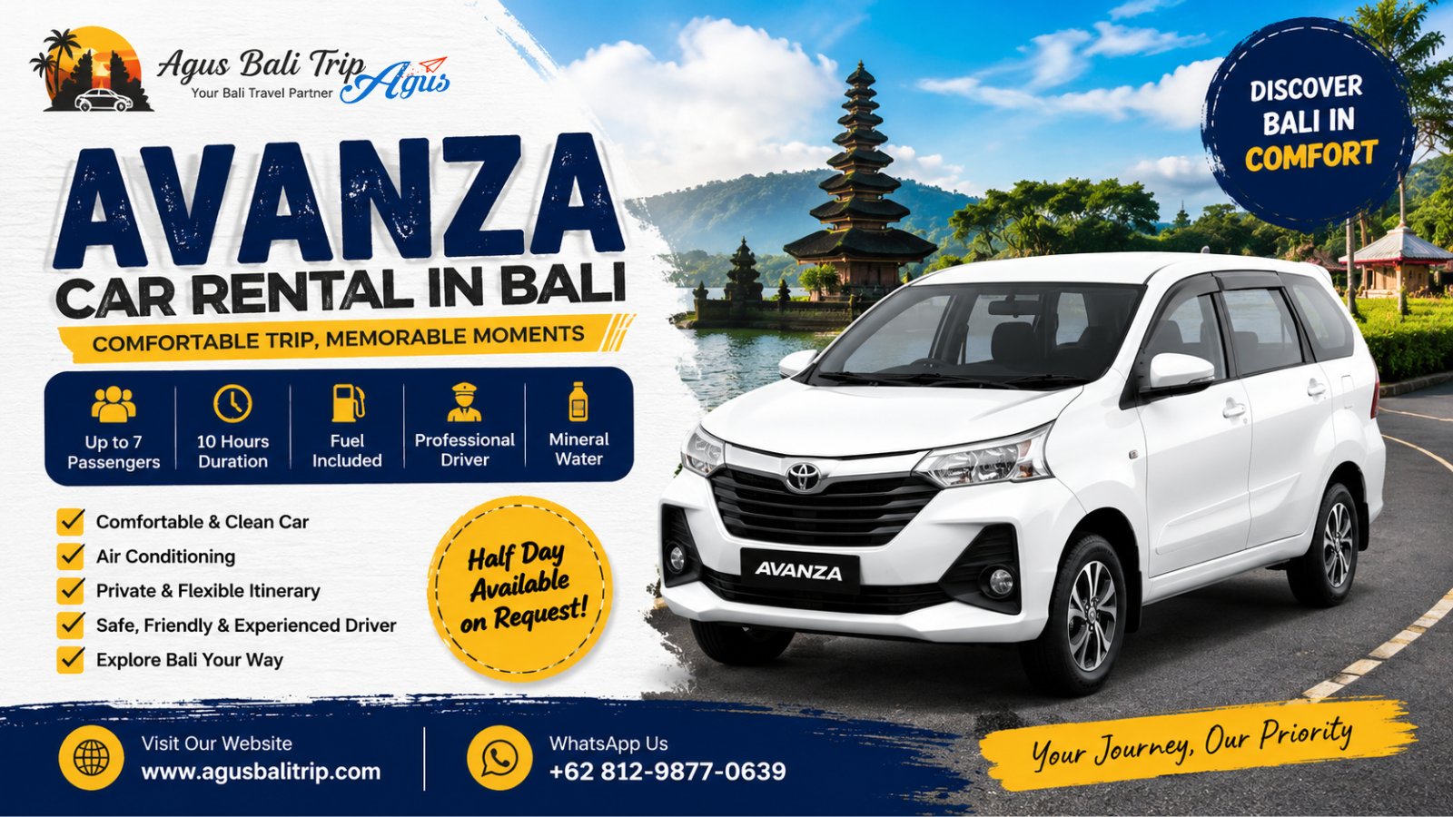 Toyota Avanza rental with private driver in Bali for family holidays, sightseeing tours, and comfortable island transportation.