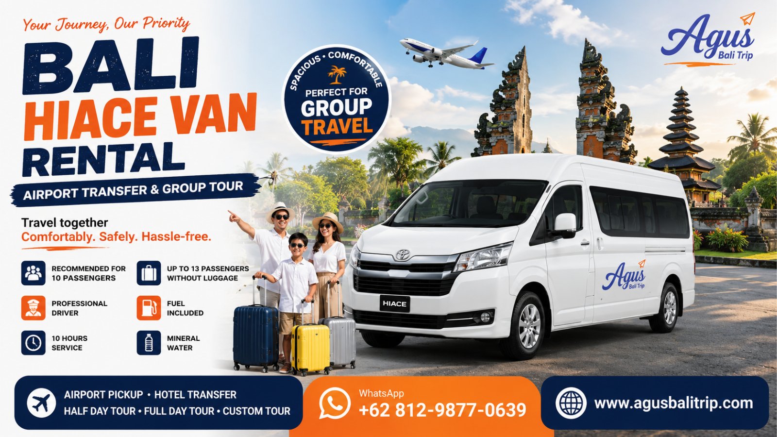 Toyota Hiace van rental in Bali for airport transfers and group travel
