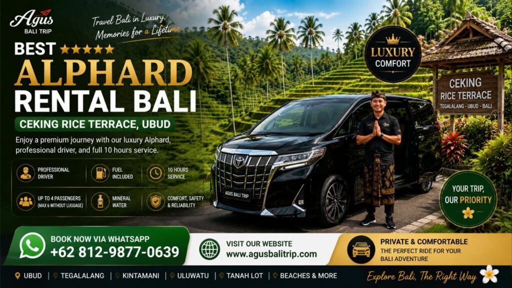 Black Toyota Alphard at Ceking Rice Terrace Ubud providing luxury transportation for private Bali tours.