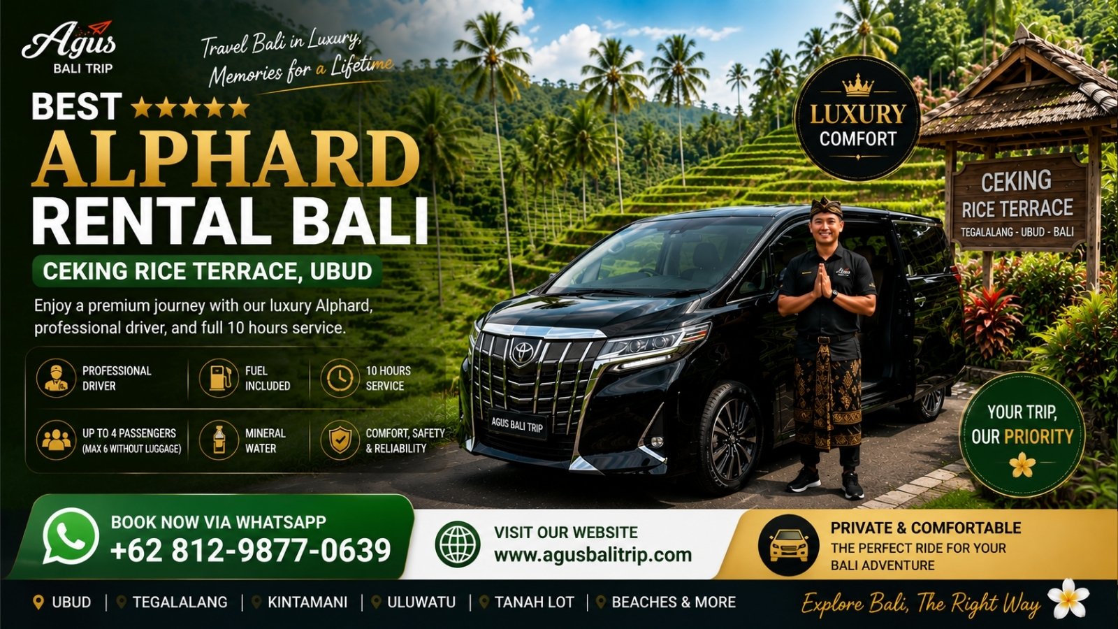 Black Toyota Alphard at Ceking Rice Terrace Ubud providing luxury transportation for private Bali tours.