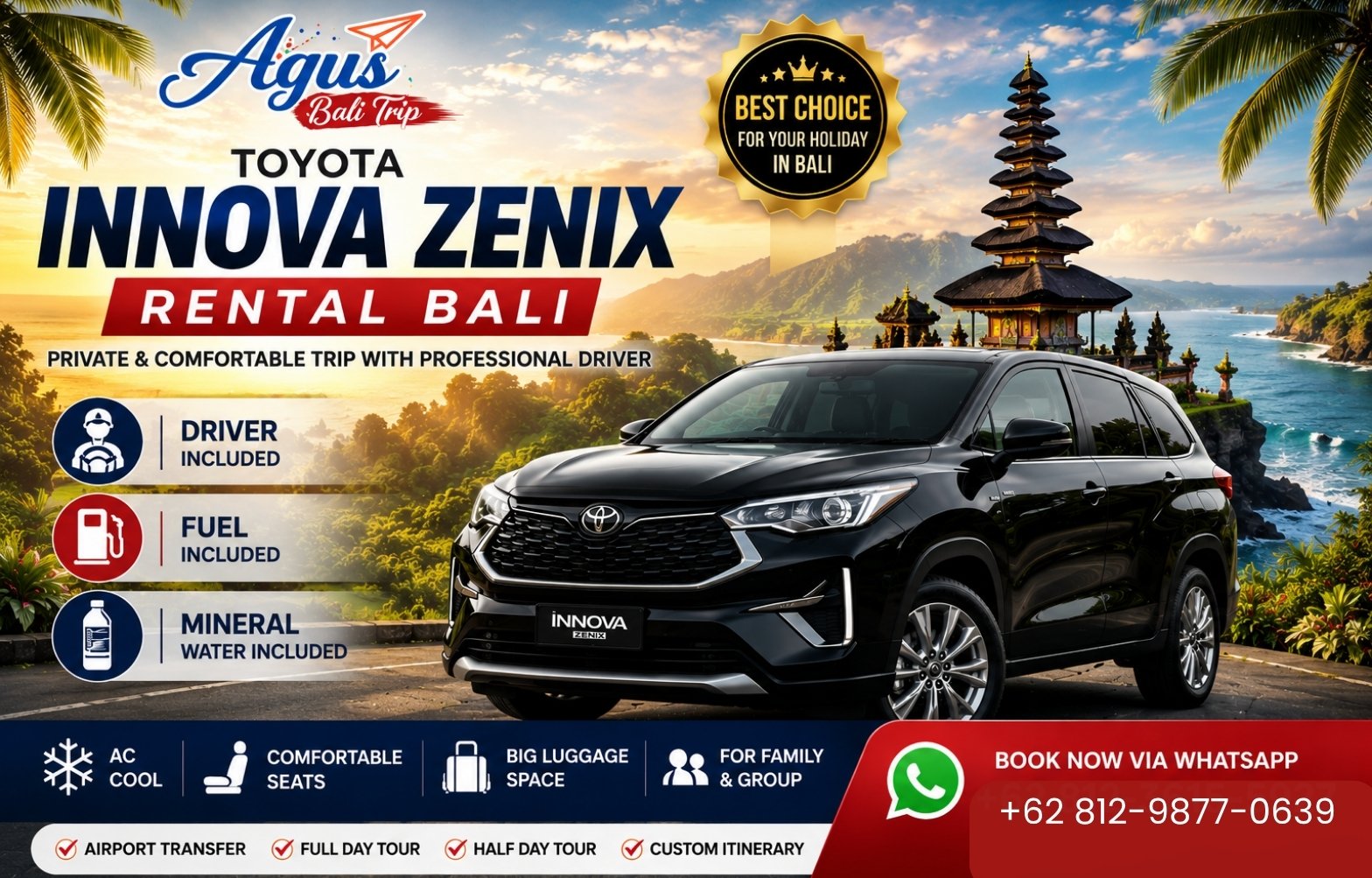 Best Toyota Innova Zenix rental service in Bali for tourists and business travelers