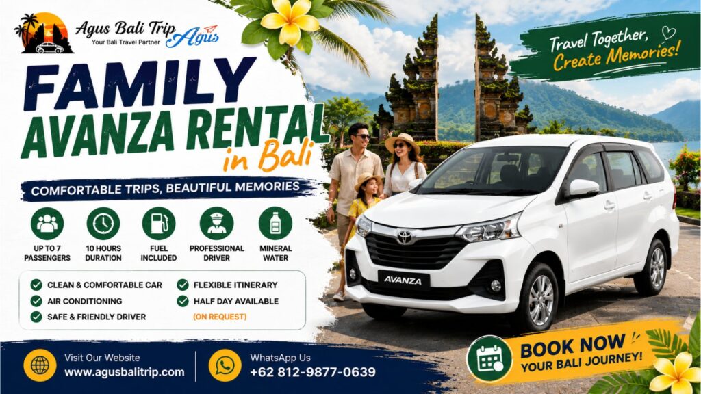 Family-friendly Toyota Avanza rental in Bali with local driver for comfortable island tours and holiday transportation.