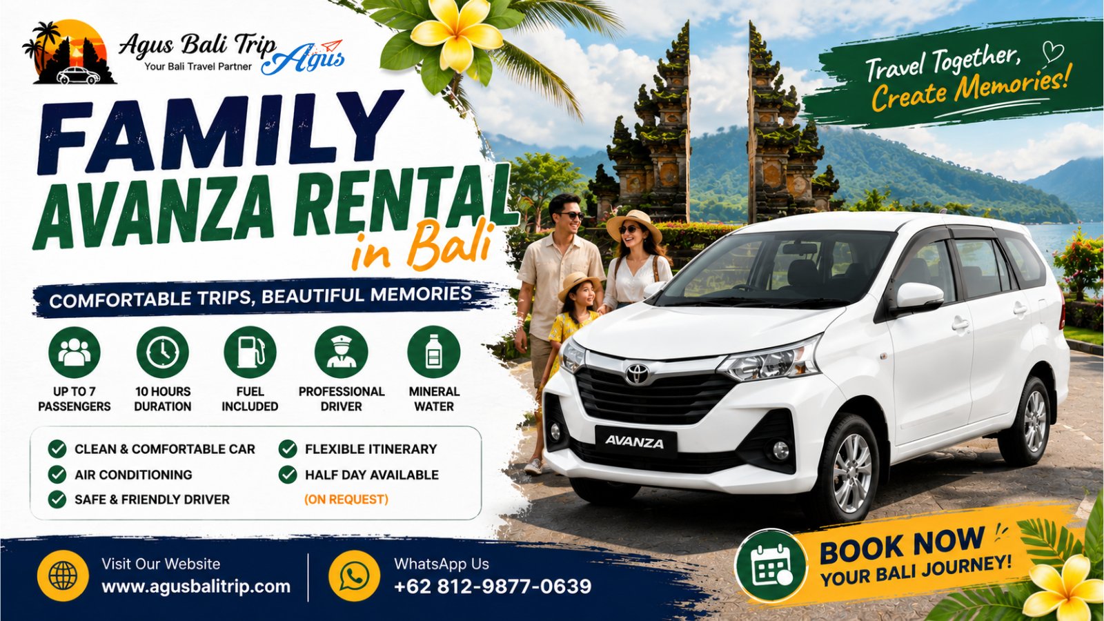 Family-friendly Toyota Avanza rental in Bali with local driver for comfortable island tours and holiday transportation.