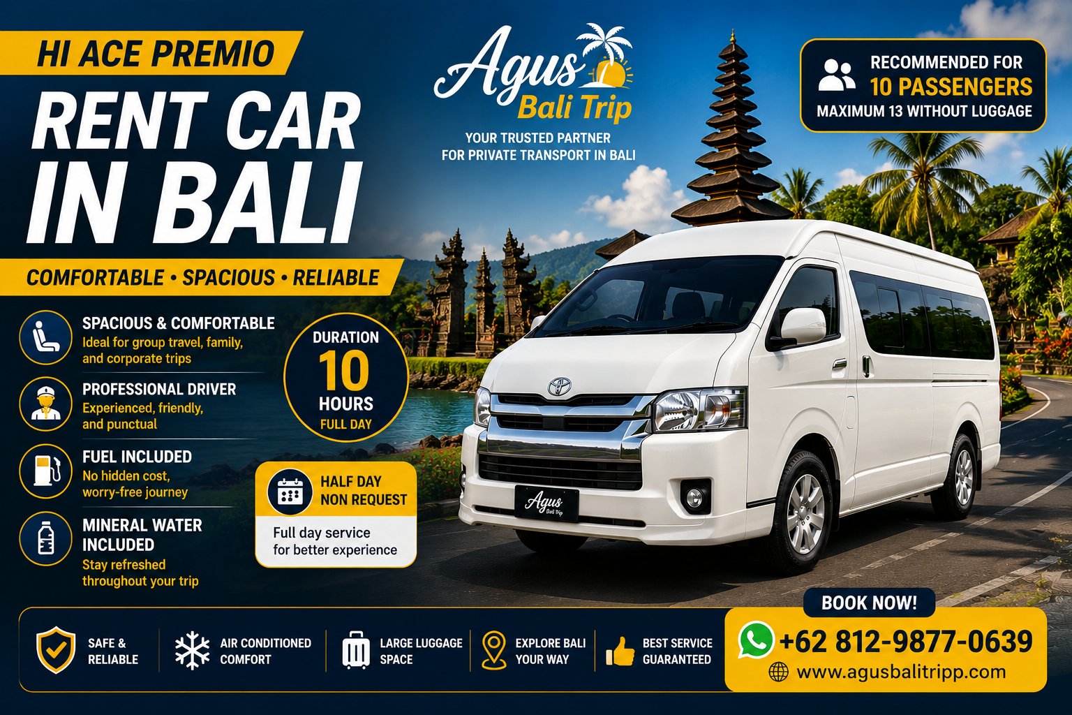 Hiace Premio Bali airport transfer vehicle ready for group arrivals and hotel transportation.