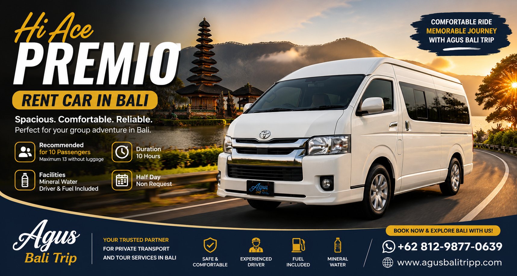 Luxury Hiace Premio rental in Bali for family vacations, corporate outings, and private group tours.