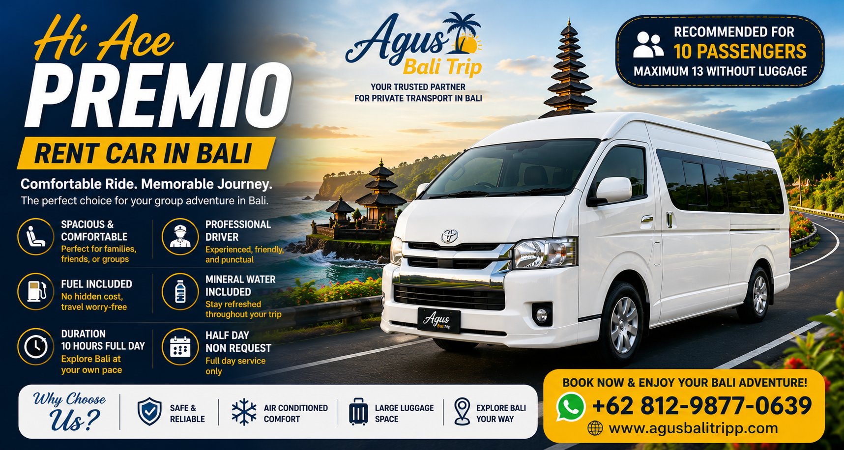 Hiace Premio full-day Bali tour vehicle for sightseeing, cultural trips, and island exploration.