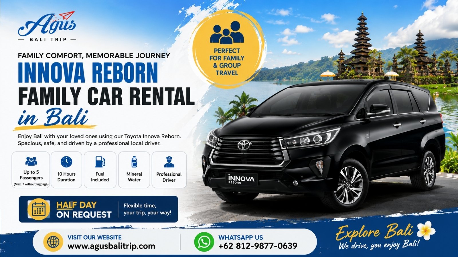 Comfortable Toyota Innova Reborn family car rental in Bali with private driver and full-day transportation service.