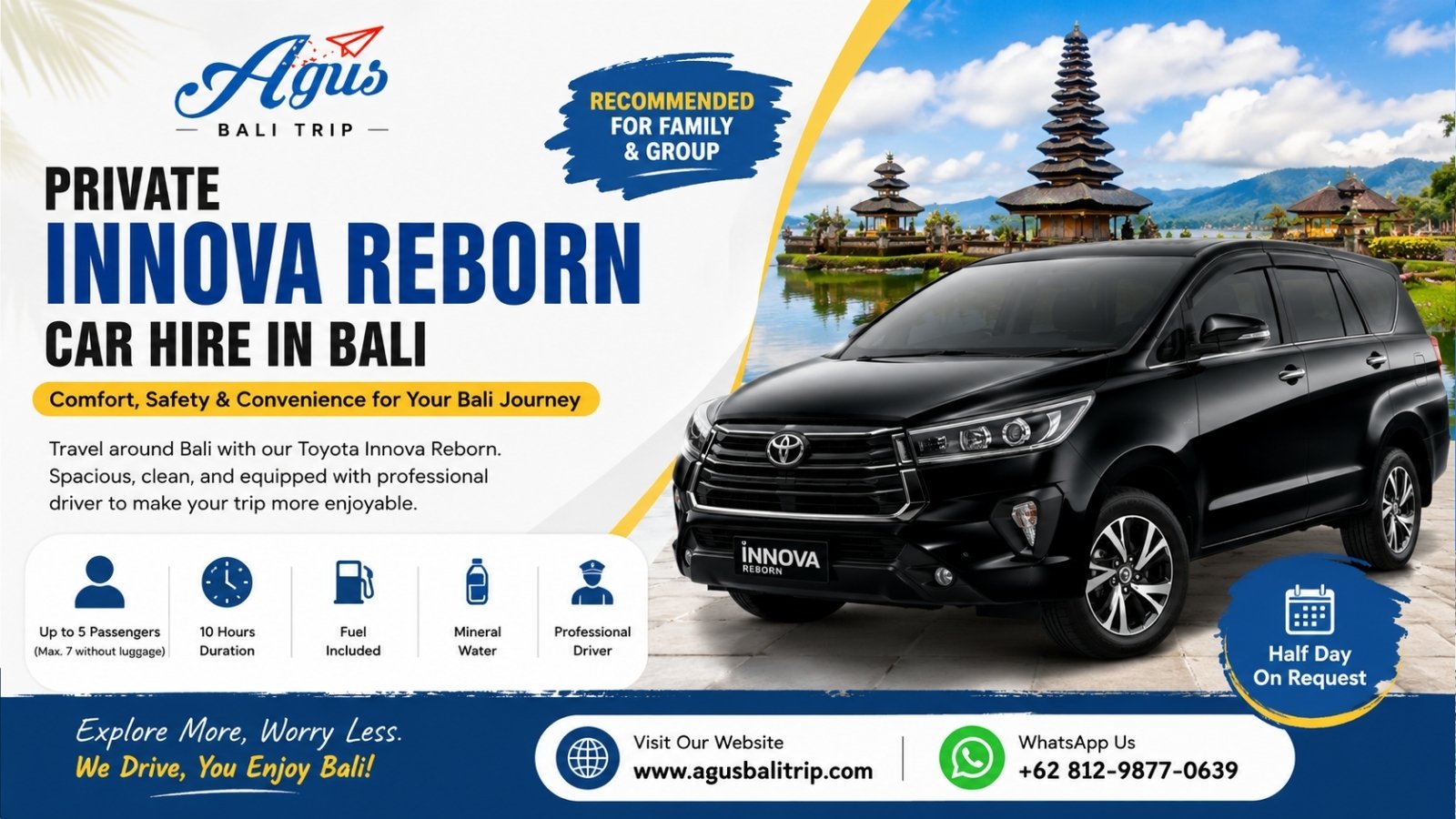 Black Toyota Innova Reborn available for private car hire and Bali island tours with experienced local driver.
