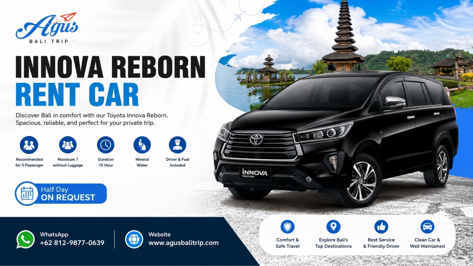 Private Toyota Innova Reborn rental with professional driver for comfortable Bali tours by Agus Bali Trip.