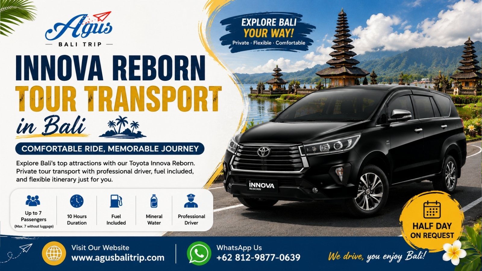 Toyota Innova Reborn tour transportation service in Bali for private sightseeing with experienced local chauffeur.
