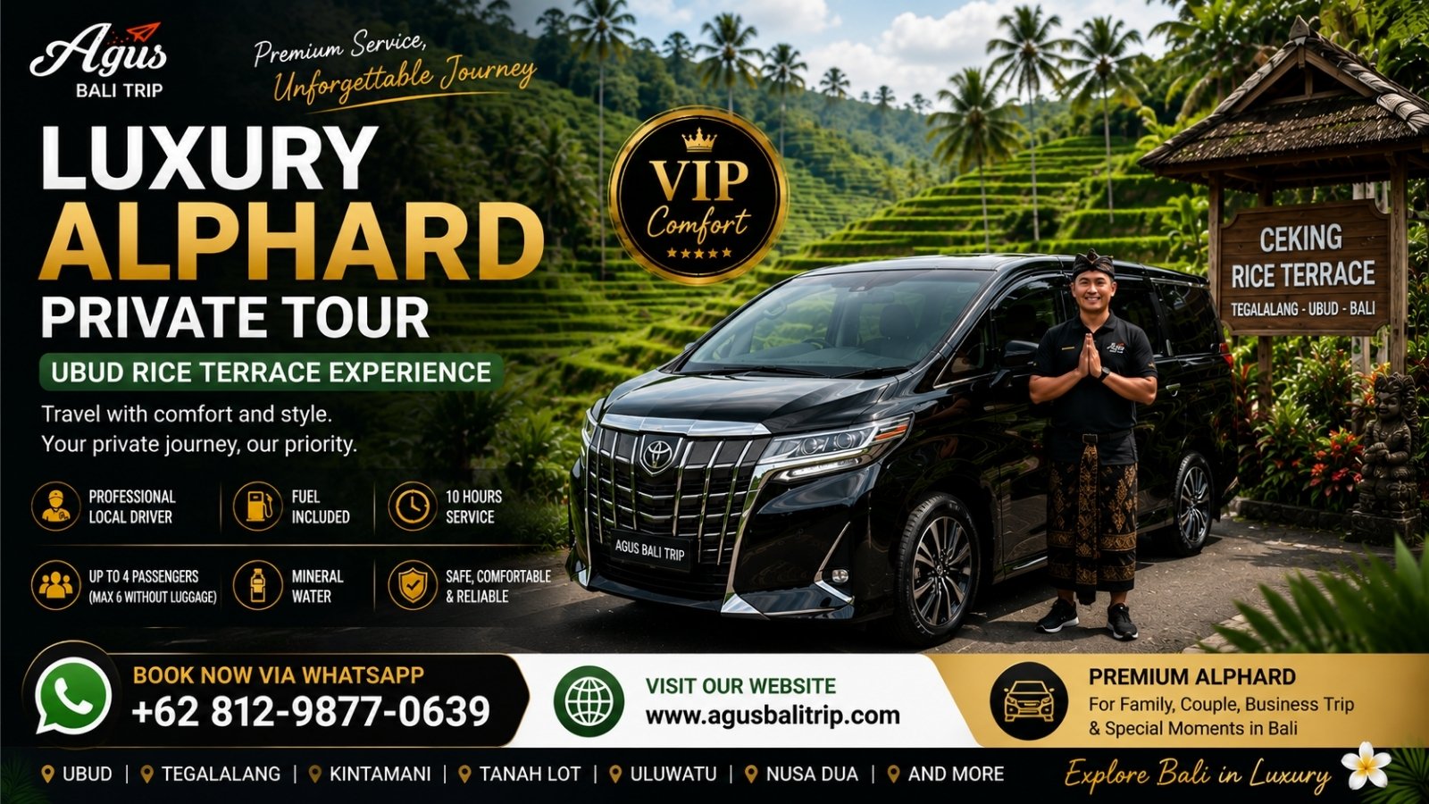 Luxury Toyota Alphard overlooking Ceking Rice Terrace in Ubud with private driver service for Bali sightseeing.