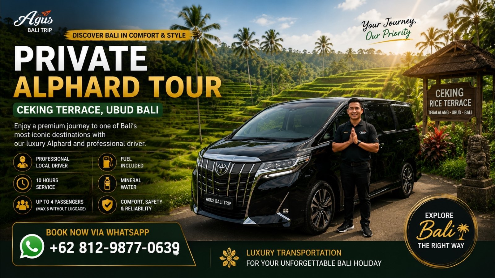 Private Toyota Alphard tour at Ceking Terrace Ubud surrounded by lush rice fields and tropical scenery in Bali.