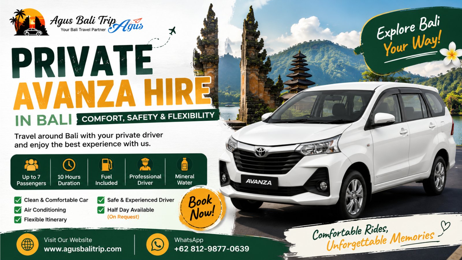 Private Toyota Avanza for rent in Bali with professional driver, perfect for day tours, airport transfers, and family travel.