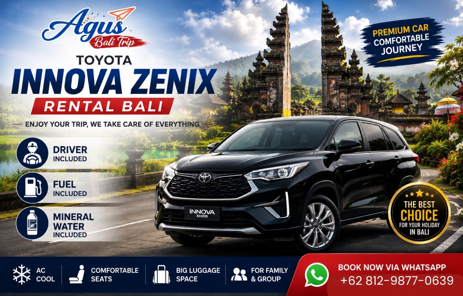 Toyota Innova Zenix with private driver service for Bali sightseeing tours