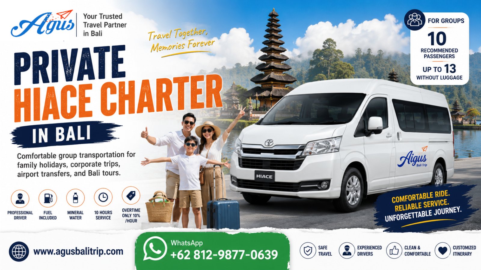 Private Toyota Hiace charter in Bali for family trips and group tours