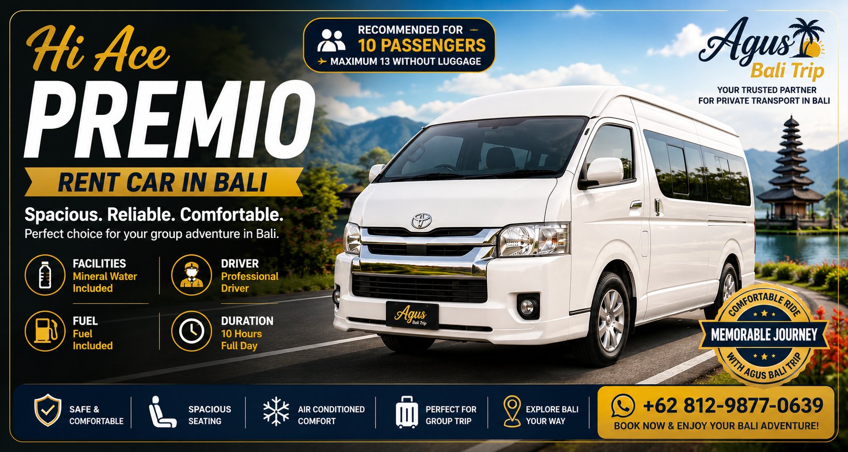 Private Hiace Premio charter service in Bali with experienced local driver and flexible itinerary.