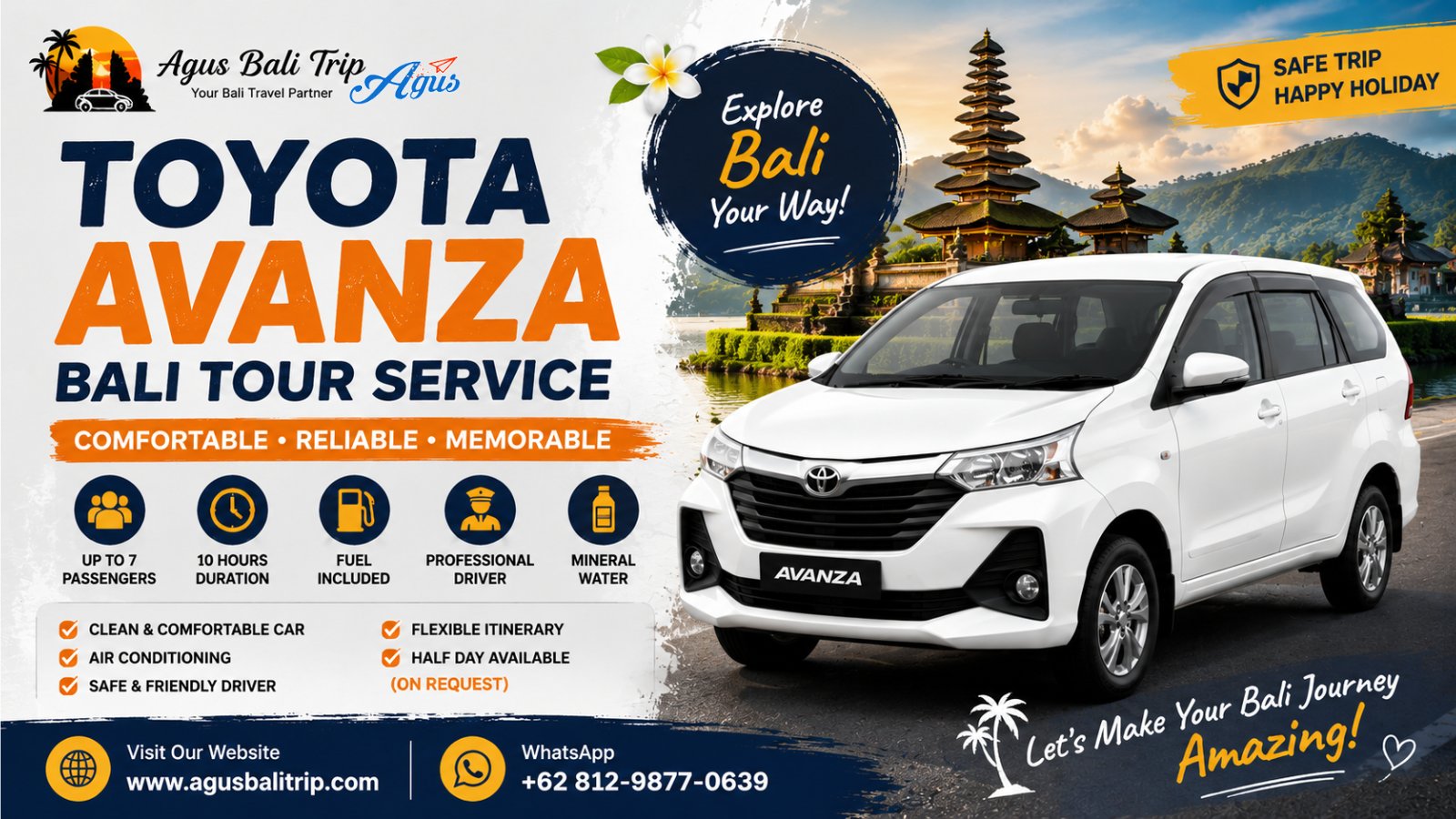 Comfortable Toyota Avanza transportation service in Bali for private sightseeing, cultural tours, and family adventures.