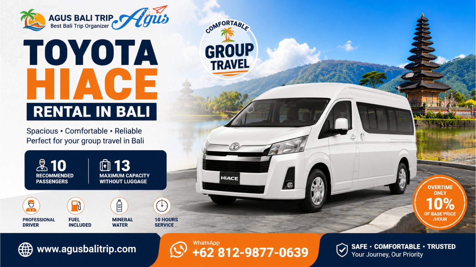 Toyota Hiace rental in Bali for up to 10 passengers, spacious van by Agus Bali Trip
