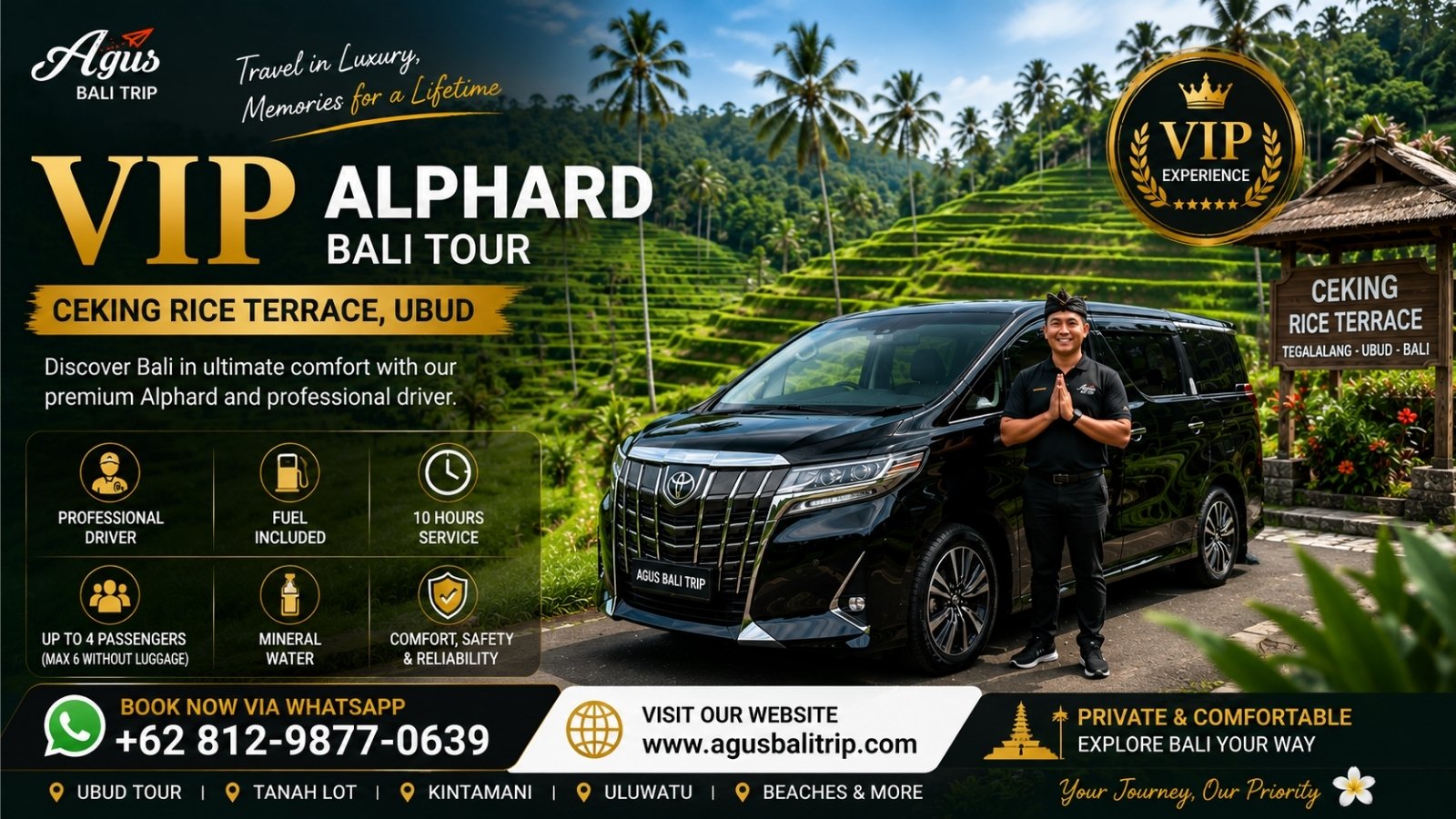 VIP Toyota Alphard at Ceking Rice Terrace Ubud offering premium transportation for luxury Bali tours.