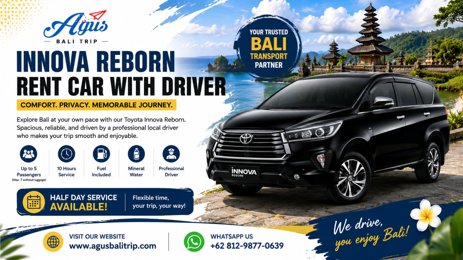 Toyota Innova Reborn rent car with private driver in Bali for airport transfers, sightseeing tours, and holiday transportation.